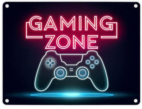 Gaming Zone Controller Fußmatte in Metallschild in 15x20 cm Schriftzug und Controller - In modernem Blauton mit dunklem Hintergrund