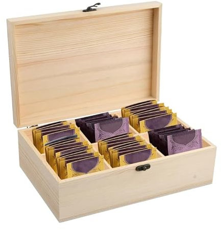 Wooden Box, 30x20x10 cm Tea Box Storage, Tea Chest Boxes Wooden with 6 Compartments, Wooden Case Container with Lid for Coffee Station, Sugar Packe