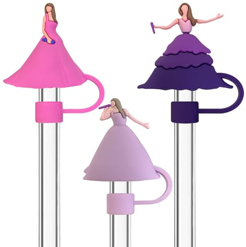 Amreich 3pcs Purple & Pink Silicone Singer Straw Covers - Compatible with Stanley Cup 30 & 40 Oz Tumblers - Unique Singer Shape Design, Eco-Friendly Material