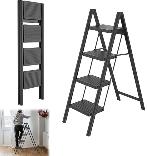 YRHome 4 Stufen Klappbar Trittleiter Leiter Tritthocker Klapptrittleiter mit breitem rutschfeste Pedal Multifunktionale Haushaltsleiter Stehleiter Bis 250KG Schwarz für Haushalt, Küche Büro Außen