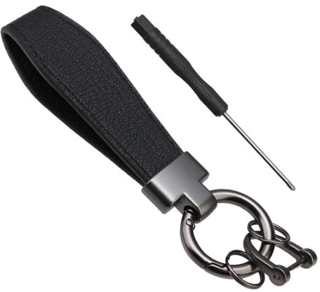 Porte-Clés en Cuir, Pendentif Clé avec Porte Clef en Acier Inoxydable, Porte Clé en Cuir Pour Clés de Voiture Hommes et Femmes (Noir)