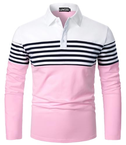 LUVCES Polo Manche Longue Homme Rayés Casual Coupe Ajustée Polo de Golf Couleur Contrastée Coton T-Shirts Tops