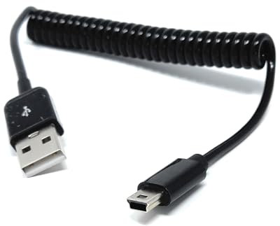DRUT Coiled Mini USB Cable (25cm to 80cm) – Spring USB 2.0 to Mini USB Charging & Sync Cable Compatible with Cameras, MP3 Players, GPS Devices