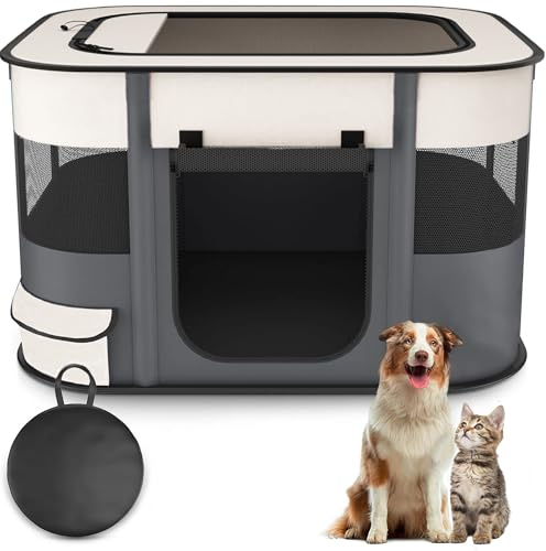 Floving Tragbares Hundehaus,Haustierzaun, 70x55x45cm,Faltbarer Haustier-Laufstall,rechteckig,Lieferraum,Katzenhöhle,Katzenhütte,Welpenhaus,Zwinger,geschlossenes Haustierzelt mit (Grau)