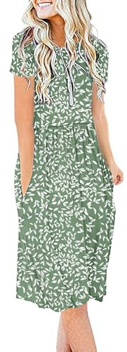 AUSELILY Summer Dresses for Women Short Sleeve Knee Length with Pockets Loose Pleated Empire Dress T-Shirt Dresses