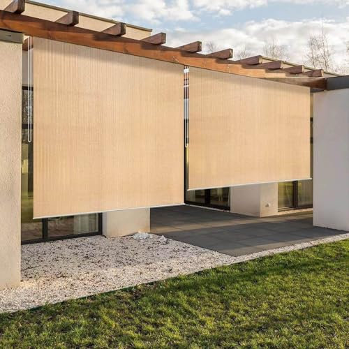 Wasserdichter Außenrollo für Terrasse, Balkon, Garten, langlebige Aluminiumlegierung, Stange, Beige, passgenaues Sonnenrollo für Pergola, UV-Schutz und Sichtschutz