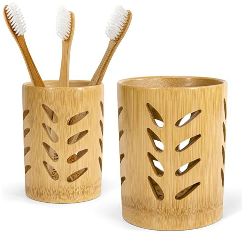 Portacepillos de Dientes con Drenaje, Soporte Cepillo de Dientes Eléctrico de Bambú, Porta Cepillo de Dientes de Baño Organizador para Familia Oficina, 2 Piezas