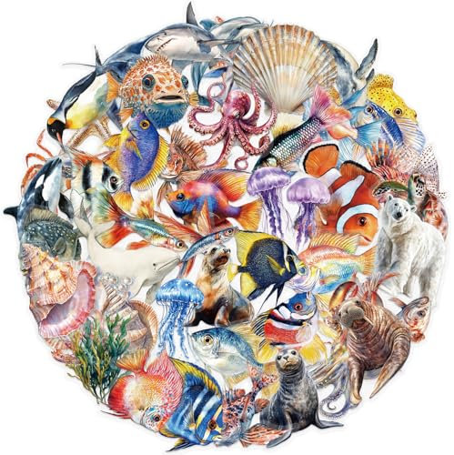 50 Sea Animals Stickers for Kids & Adults, Waterproof Vinyl Stickers Pack for Water Bottles Laptops & Travel Gear Creative Ocean-Themed Gift for Boys, Girls, Teens (Transparent)