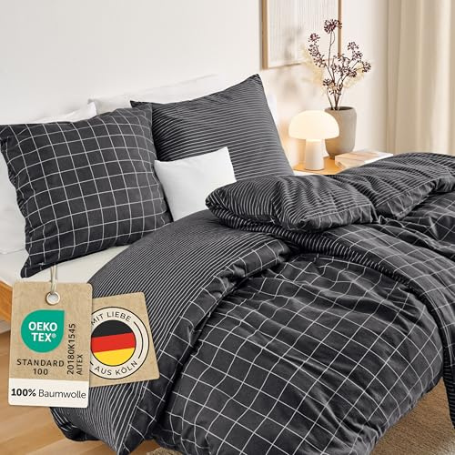 Blumtal Biber Bettwäsche 200x200cm + 2X 80x80cm Baumwolle 3teilig - Flanell Bettwäsche 200x200 cm Oeko-TEX zert. & Ultra weich - 60 °C waschbare Winterbettwäsche mit edlem Wendedesign - Anthrazit