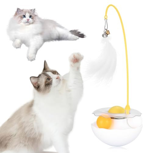 Auktransceler Juguetes para Gatos Interactivo - 3 en 1: Caña con Plumas, Hierba Gatera y Base Oscilante 360° | Estimula el Instinto de Caza | Juego Autónomo para Gatitos y Adultos (Blanco)