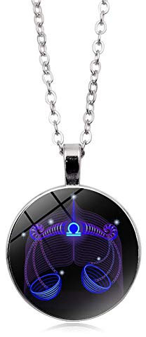 UBBVPKY Twelve Constellations Pendant Necklace for Men Women, Fashion Round Time Gemstone Sweater Chain Star Sign Jewellery Birthday Astrology Necklace Gift Libra