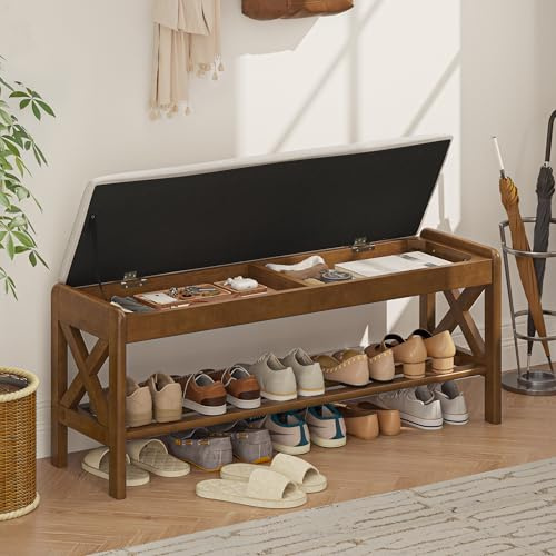 LUE BONA 110cm Schuhbank mit Sitzfläche,Holz Sitzbank mit Stauraum und Gepolstertem Leinen Kissen,Schuhschrank Holz mit Klappdeckel für Flur,Eingangsbereich,Wohnzimme,110 × 33× 46 cm,Beige