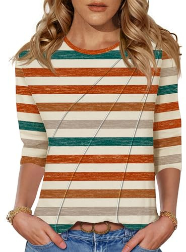 Kistore Women's Basic 3/4 Sleeve Round Neck Striped Print Tunic L