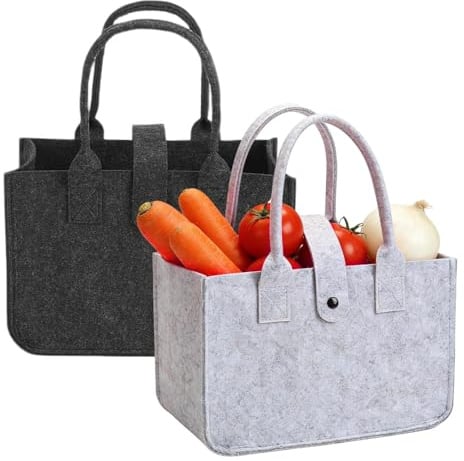 2 Pezzi Borsa Feltro Shopping Bag Cesta Spesa Pieghevole | Feltro Borsa Shopper 30x20x18cm, Multifunzionale Tote Bag per Picnic Giocattoli Deposito (Nero/Grigio)
