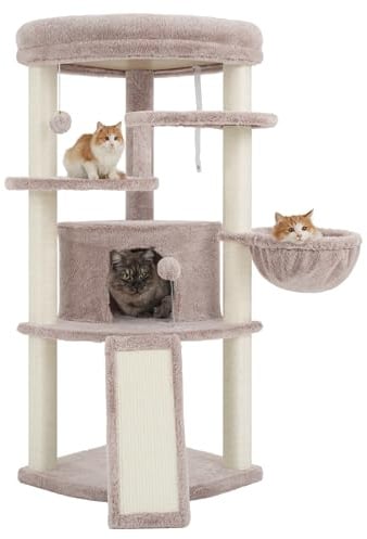 Gitelsnour Eck-Kratzbaum, Katzenbaum für Innenbereich, Mehrstöckiges katzenkratzbaum mit vollständig sisalbezogenen Kratzsäulen, Katzenhöhle, großer Oberplattform, Hängender Katzenkorb, Marrone 025MU