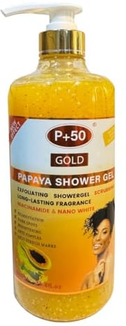 P+50 Gold Papaya Skin Brightening & Exfoliating Shower Gel 1000ml – Refreshing Body Wash – Cleansing, Smoothing & Revitalising Care