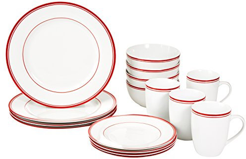 Amazon Basics Service de table 16 pièces pour 4 personnes Motif rayures Rouge