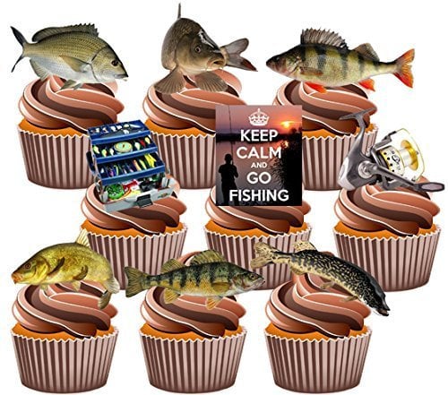 AK Giftshop PRE-CUT Fishing Party Pack - Edible Cupcake Toppers/Cake Decorations (Pack of 36)