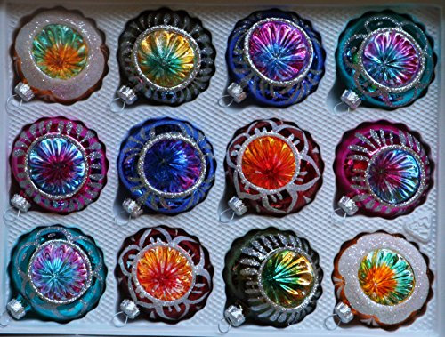 Glänzende Bunte Weihnachtskugeln (gelb, rot, blau, türkis, grün, pink) aus Glas mit bunten Reflexen und silbernen oder weißen Glitzerapplikationen - Durchmesser 6 cm 12er Set