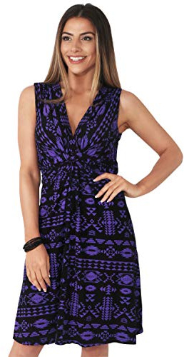 KRISP Women Aztec Print Knot Front Jersey Dress (Purple [6607], 8), 6607-PURBLK-08
