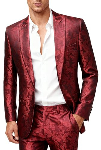 Cloudstyle Mens 2 Piece Paisley Dress Suit One Button Party Wedding Blazer Pants Sets,Burgundy,Medium