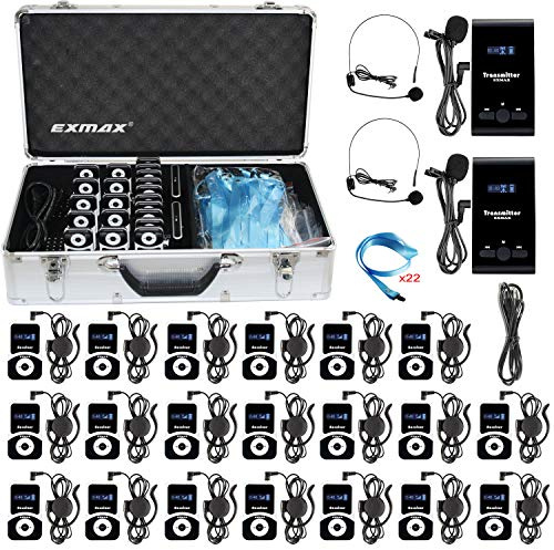 EXMAX Church Translation System Tour Guide Solutions for Social Distancing at Work ATG-100T 195MHz for Meeting Tour Group Exhibition (2 Transmitter & 20 Receiver + Aluminum Alloy Charge Case)