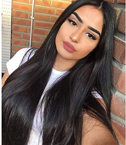 Perücke Damen Schwarz Lang Glatt Gerade Perücken für Frauen/Mädchen/Afro Natürliche Dunkle Wurzel Mittelteil Spitze Perücke Party/Kostüm Lace Front Wig ca.77cm/30zoll DE066B