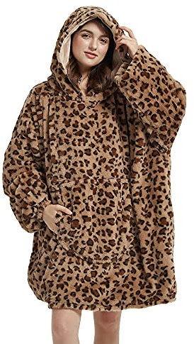 Viviland Oversized Hoodie Fuzzy Blanket Sweatshirt, Super weicher warmer bequemer Riesenpullover mit großer Fronttasche, Geschenke für Frauen Männer Teenager Kinder, Gepard Print Braun