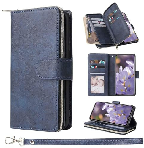 ZCDAYE Wallet Case for iPhone 13,Premium[Magnetic Closure][Zipper Pocket] Folio PU Leather Flip Case Cover with 9 Card Slots Kickstand for iPhone 13 (6.1 inch)-Blue