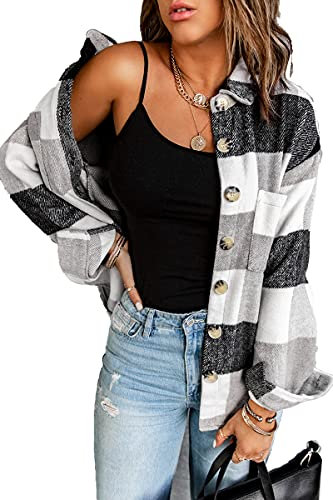 HVEPUO Veste à carreaux pour femme - Manches longues - Blouse - Manteau en flanelle, b-gris, XXL