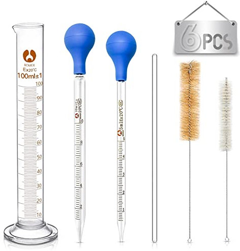 Vetro Pipette, 2 Pezzi Contagocce Graduato di Vetro 5ml 10ml, Cilindro Graduato 100ml, Pipetta Contagocce Graduata con Spazzola Pulizia e Agitatore in Vetro, per Laboratorio Scolastica