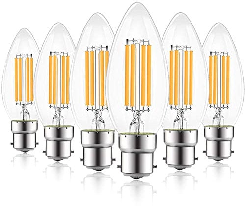 EXTRASTAR 6W C35 B22 LED Filament Candle Light Bulbs, Bayonet Cap Candle Bulb, 57W Equivalent, 2700K Warm White Energy Saving Bulbs, 750LM, Non-Dimmable, Pack of 6