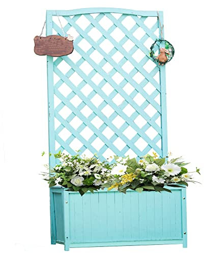 Jardiniere sur Pieds avec Treillis, Plantes Légumes Fleurs Jardinière Surélevée en Bois D'herbes, pour Support De Plantation Grimpant Vertical pour Balcon, Patio Et Cour,Bleu,60x30x90cm