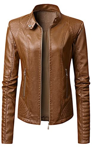 Chaqueta de piel para mujer, chaqueta corta de motorista, cuello de solapa, chaqueta delgada de piel, monocolor, manga larga, entretiempo para otoño, invierno y calle, marrón, M