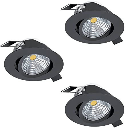 EGLO 3er Set LED Einbaustrahler Saliceto, dimmbare Deckenspots, Deckenstrahler flach rund, Aluminium in Schwarz, warmweiß, Ø 8,8 cm