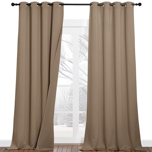 PONY DANCE Dreilagiger Vorhang Schalldämmend 2er Set Dreilagige Lichtundurchlässige Vorhänge mit Ösen Blickdichte Gardinen Schlafzimmer Thermovorhang Hitzeschutz, H 240 x B 132, Cappuccino