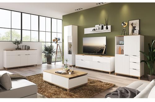 Lomadox Wohnzimmer Wohnwand Anbauwand mit Sideboard und Couchtisch in weiß mit Eiche Nb.