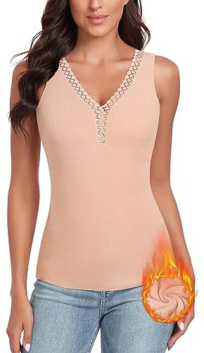 WOWENY Damen Tank Top mit Spitze Thermo Ärmellose Winter Thermohemd V-Ausschnitt Warme Vest Unterhemd Camisole Unterwäsche Fleece Shirt,Beige,XL