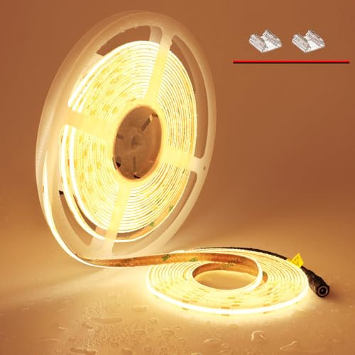 TOPAI COB LED Streifen 10M Warmweiss Wasserdicht, 24V LED Strip 3000K Außen Sehr Hell, LED Band warmweiß Selbstklebend, 384LEDs/M CRI>93 Flexible Schneidbar für Schrank Treppe DIY Dekoration