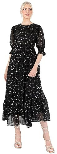 Lovedrobe Women's Midaxi Dress Ladies Puff Sleeve Round Neck Frill Tiered Hem Star Print Empire A-line for Party Cocktail Evening, Black, 22