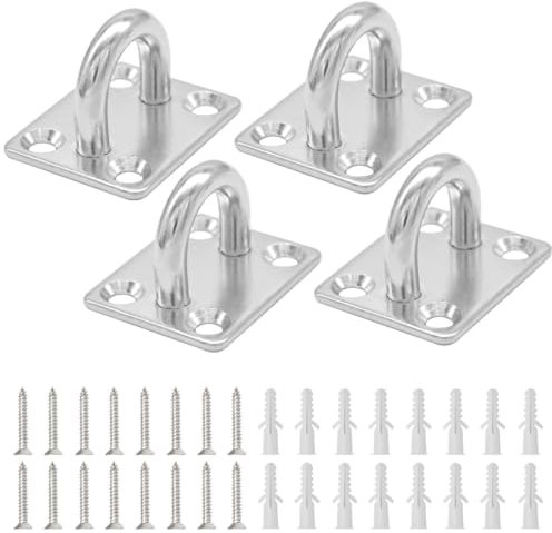 CEEYSEE 4Pcs Pad Eye Plate Hooks/Loops M8 304 Stainless Steel Suspension Ceiling Hook Staple Wall Ceiling Hammock Hooks Hanger for Wall Ceiling Hanging,with Screws (U/M8/FXG)