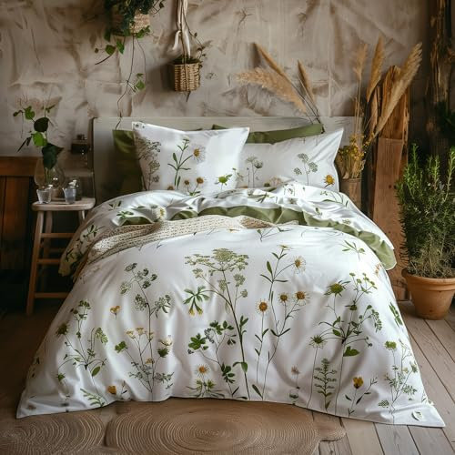 Boqingzhu 3D Bettwäsche 200×220cm Blumen Grün Salbeigrün Gold Gelb Weiß Wende Bettwäsche Set Blumenmuster Kornblume Aesthetic Vintage Bettbezug und 2 Kissenbezüge 80x80cm mit Reißverschluss