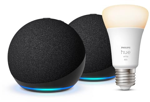 Echo Dot (5.ª generación) | Antracita, pack de 2 + Philips Hue Smart Bulb (E27), compatible con Alexa - Kit de inicio de Hogar digital