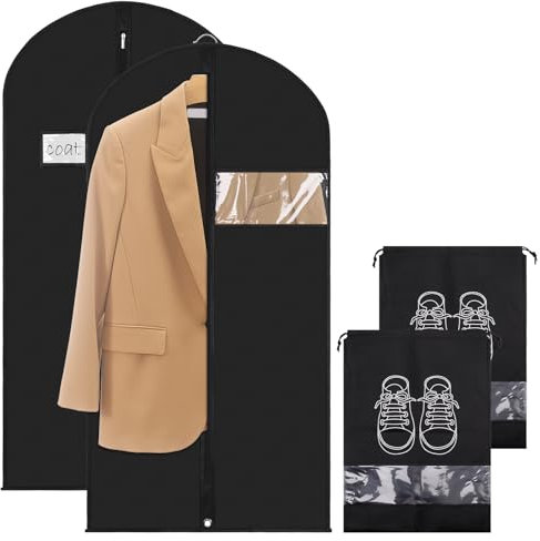 Hejo 2 Stück Kleidersäcke mit Schuhbeutel, 120 x 60 cm Verdicke Anzug Schutzhülle mit Reißverschluss, Lange Kleiderschutzhülle, Kleiderhülle, Staubdichte Anzughülle für Familien, Reise (Schwarz)