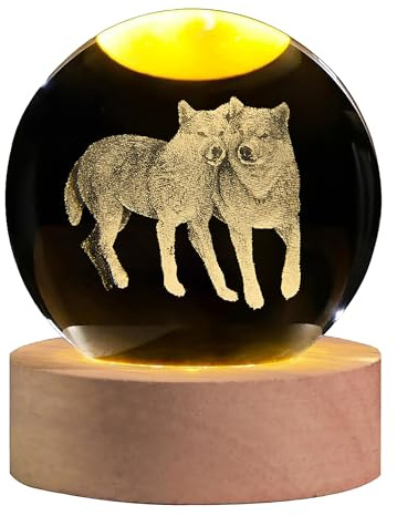 QIANCHANG 3D-Wolf-Kristallkugel mit LED-Lichtsockel, 60 mm Glaskugel, dekorative Kugeln, Wolf-Figur-Lampe, Geschenke für Frauen und Kinder