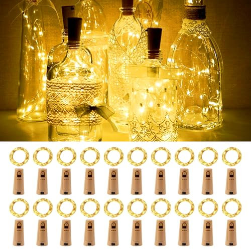 Bubuny Bottle Lights 20 Packs Cork Lights for Wine Bottles 2m 20 LED, Mini Fairy Lights for Birthday Wedding Christmas Indoor/Outdoor Decoration Warm White, Lighting for Party DIY Decor