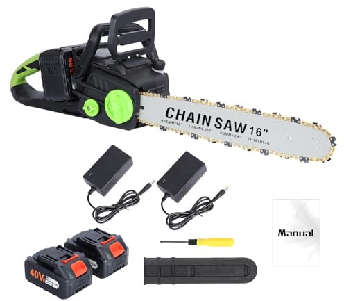 ohfruit 16 Inch Cordless Chainsaw, Electric Brushless Motor Chainsaw, with 2 4000mAh Batteries, Auto-Lubrication Chain Saw, Battery Powered Chainsaw for Tree Felling, Pruning Black & Green