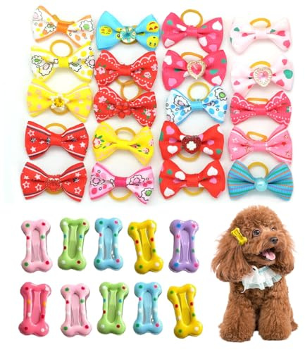 arrderly 30 Stück Tierhaar-Accessoires Kleine Hunde Haarschleifen mit elastischen Gummibändern, Hundehaar-Zubehör, Doggy Kitten Topknot Befestigung Fellpflege-Zubehör-Set für Langhaar Welpe Katze