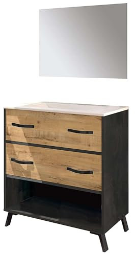 Miroytengo Mueble de Baño 81 cm Hudson con Patas y Espejo (Sin Lavabo) Color Piedra y Roble Gold