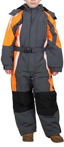 EYF K100 Combinaison de ski pour enfant, unisexe, coupe-vent, chaude, respirante, capuche amovible, Gris/orange fluo, 128